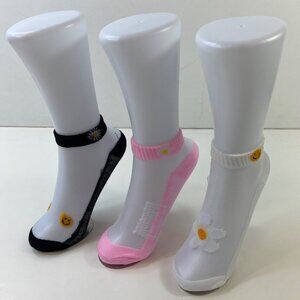 Fun Womens Daisy Smile Mesh Sheer Ankle Socks 3-Pack Set Pink Black White